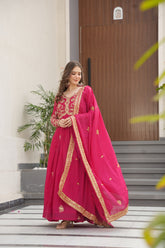 Lovely Pink Georgette Embroidery Work Gown